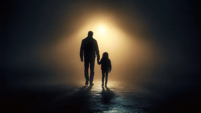 Silhouetted parent and child holding hands walking toward a glowing light in fog