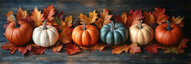 Small pumpkins in fall colors arranged along a wooden surface with scattered maple leaves.
