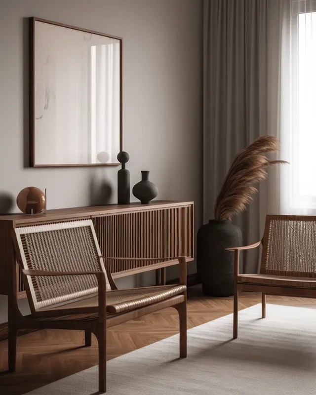 Mid-century modern living room with woven leather chairs and wooden sideboard beside a sunlit window with sheer curtains.