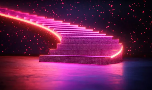 Neon pink spiral staircase glowing in darkness with floating light particles and reflections