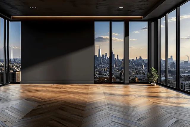 Minimalist apartment interior with dark walls, panoramic windows showing a city skyline, and herringbone parquet floor.