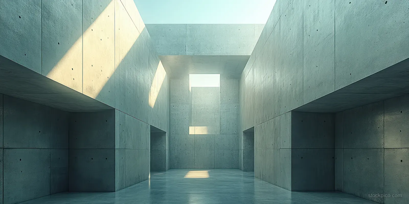 An empty concrete hallway with textured walls, light beams, and deep shadows from a high-angle view.