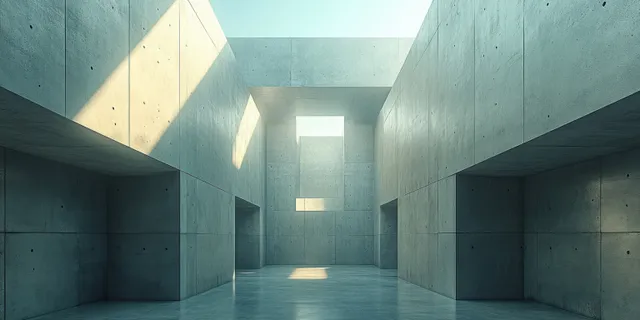 An empty concrete hallway with textured walls, light beams, and deep shadows from a high-angle view.