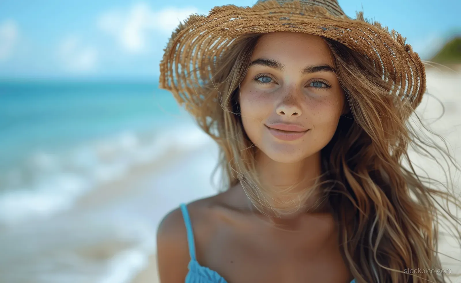 Blonde woman in a blue dress and straw hat posing on a sunny beach near the ocean.