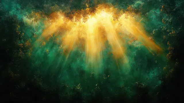 Golden light rays bursting through deep green mist with glowing bokeh particles