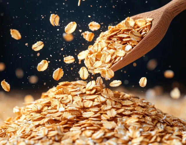Golden oat flakes fall from a wooden spoon onto a pile against a dark background, showing crisp grain texture.