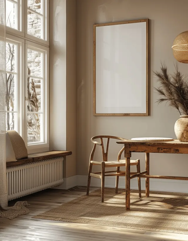 Empty framed poster on a neutral wall beside a window, with wooden chair and warm light in a cottagecore dining room.
