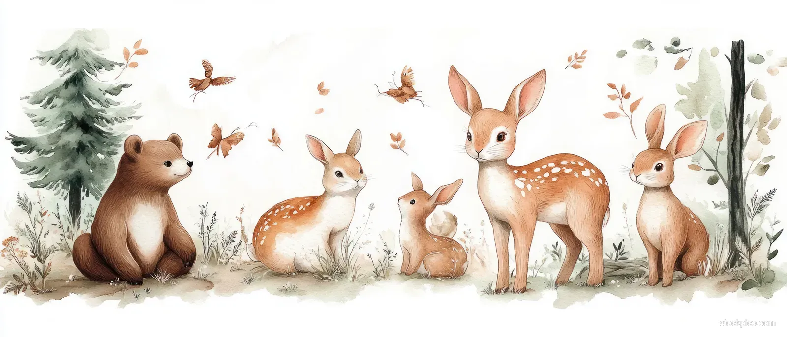 A whimsical watercolor scene depicts rabbits, deer, and a bear among trees and flowers, ideal for nursery decor.