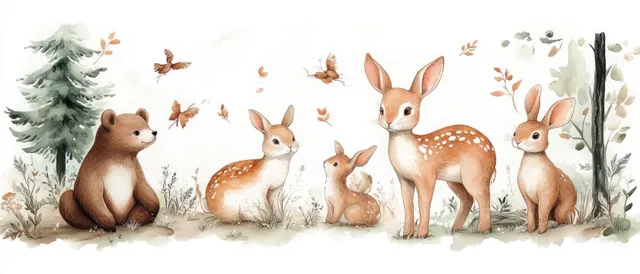 A whimsical watercolor scene depicts rabbits, deer, and a bear among trees and flowers, ideal for nursery decor.