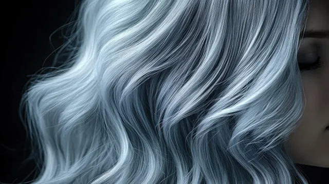 Close-Up of Flowing Wavy Silver Hair with Soft Light and Serene Partial Face
