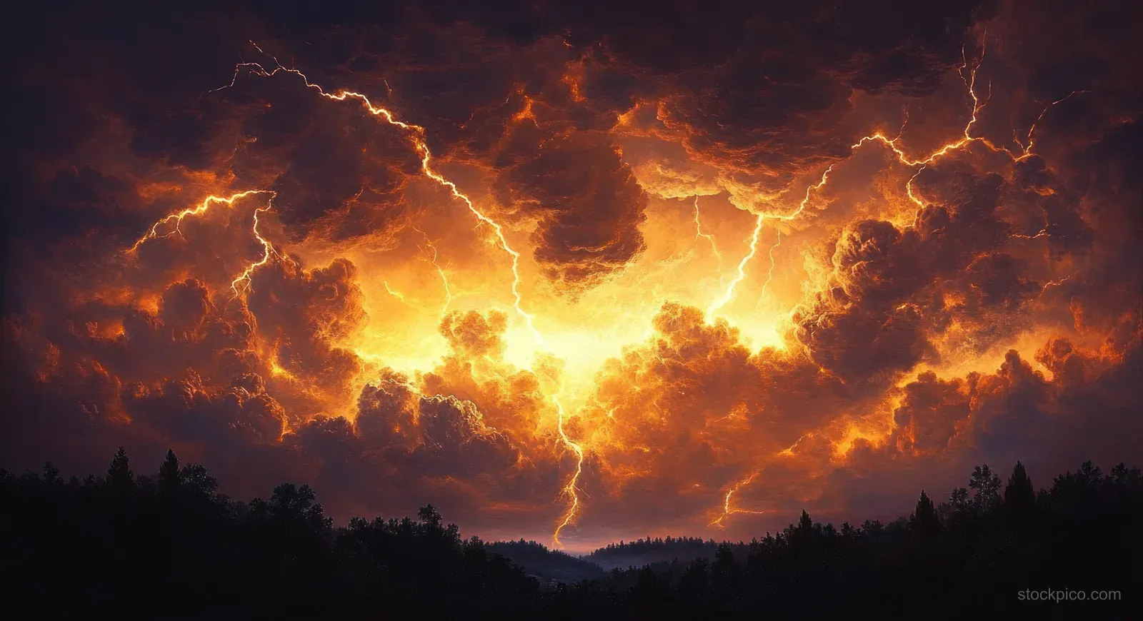 Lightning bolts light up a fiery sunset sky above dark forest silhouettes and storm clouds.