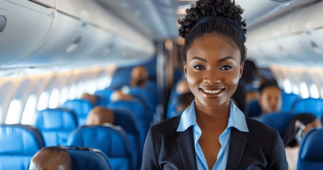 A smiling flight attendant in uniform stands in an airplane cabin aisle with passengers and blue seats visible behind.