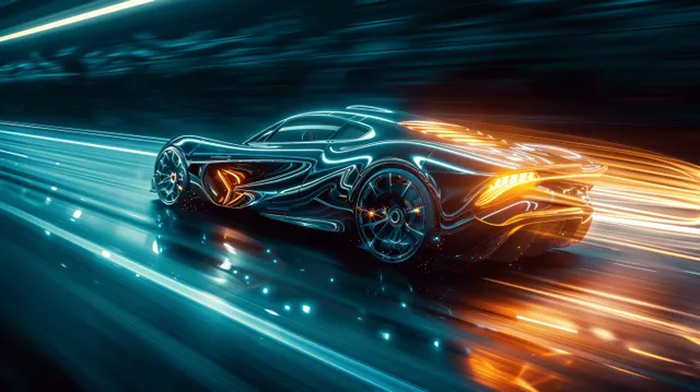 Futuristic sports car racing down a dark highway, with blue and orange neon light trails and reflections.