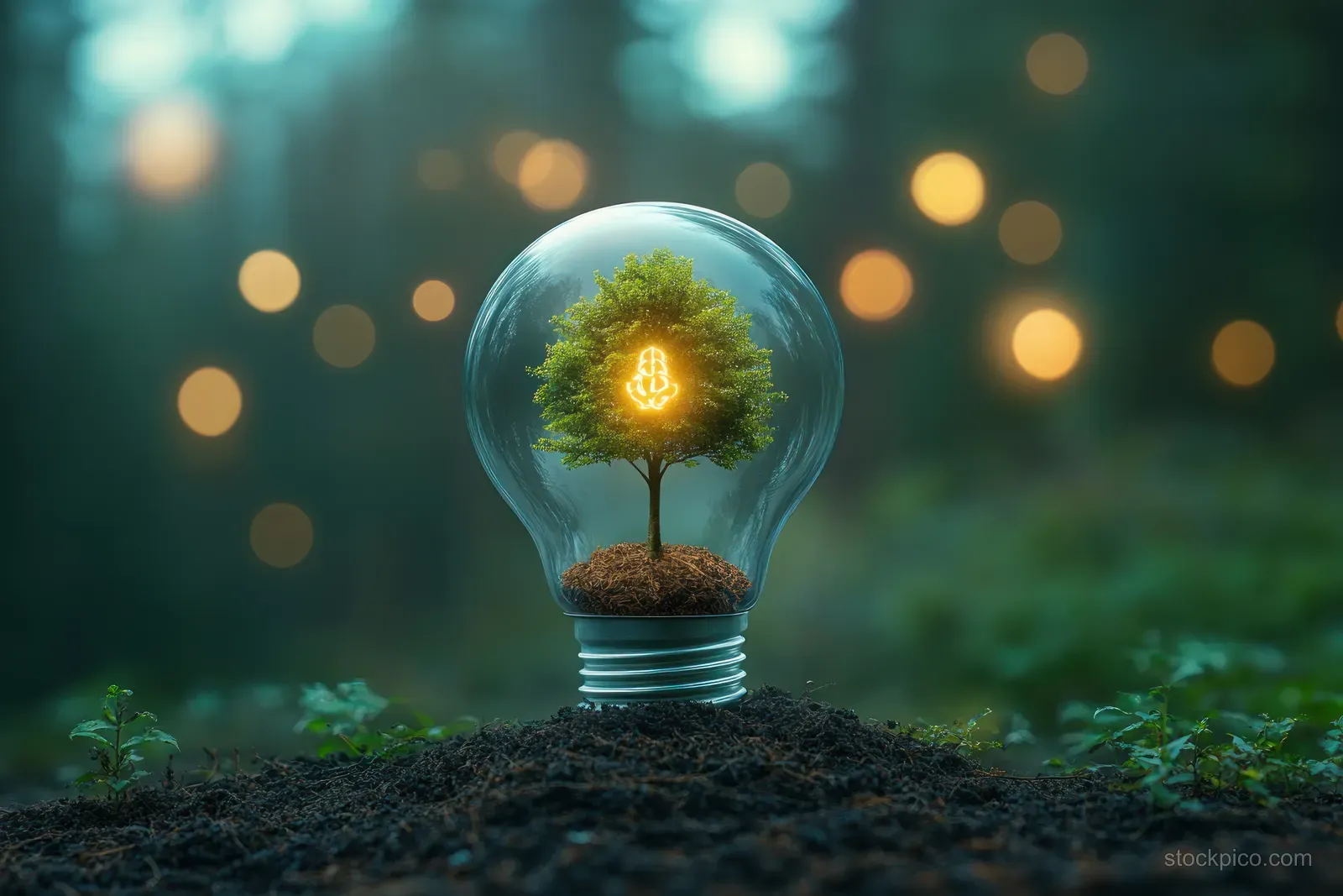 Glowing glass light bulb holding a small tree growing from soil, surrounded by soft green forest bokeh.