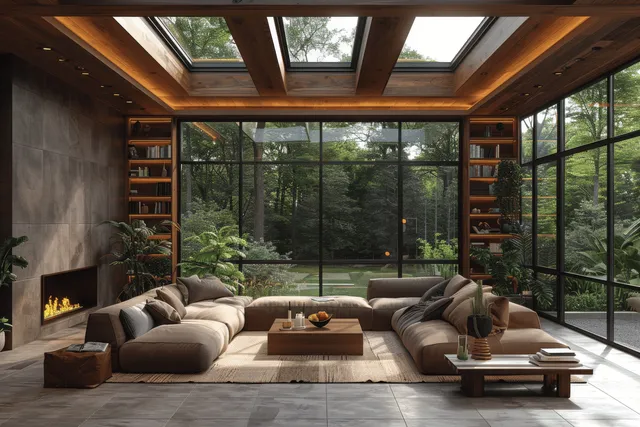 An attic living room with a sectional sofa, skylights, wood shelves, and floor-to-ceiling forest views.