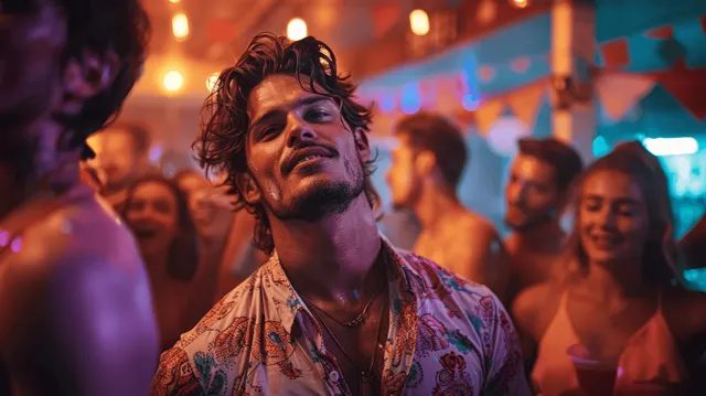 Young man dances in a neon-lit nightclub with blurred partygoers in the background.
