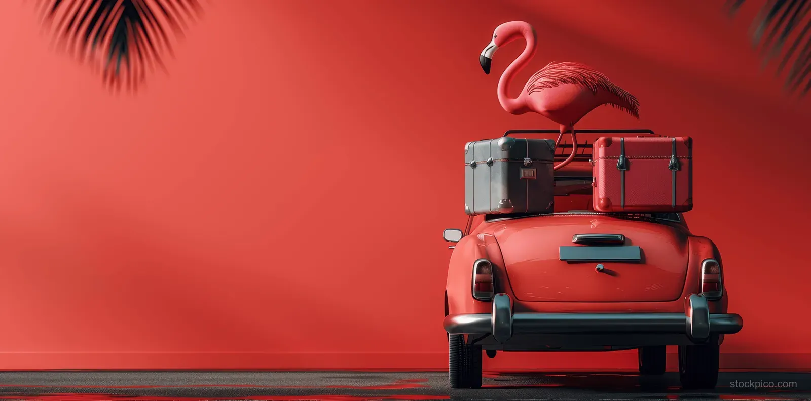 Retro red car with rooftop suitcases and a flamingo ornament against a vivid pink background.