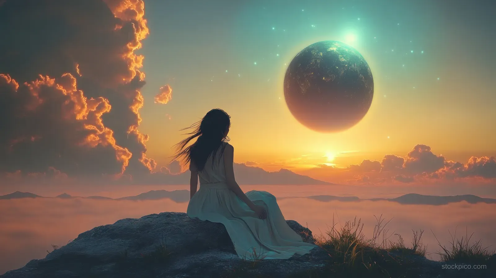 Girl sitting on a rock at twilight while a glowing planet hangs above a surreal landscape of clouds and mountains.