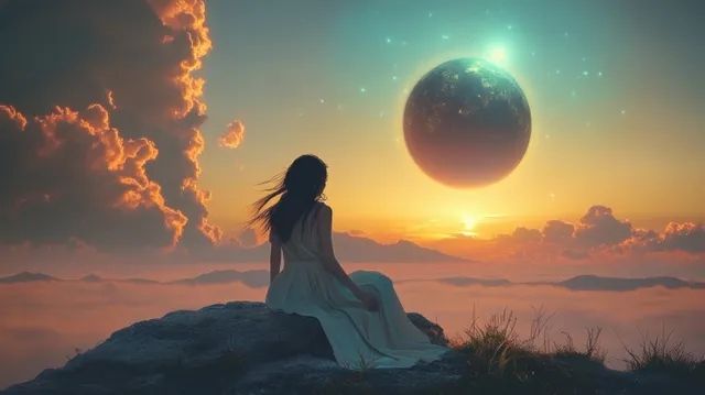 Girl sitting on a rock at twilight while a glowing planet hangs above a surreal landscape of clouds and mountains.