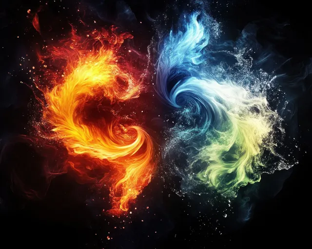 Four swirling abstract elements—fire, water, earth, and air—glow against a dark background with dramatic light and smoke.