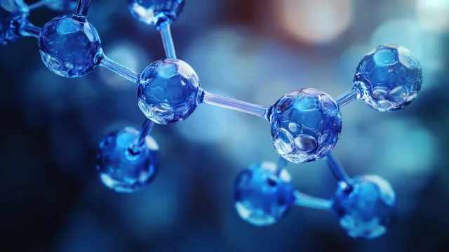 Blue glowing spheres connected by molecular bonds float against a softly blurred laboratory background.