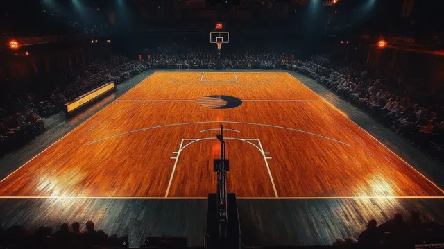 Empty indoor basketball court with polished wooden floor, centered hoop, and dark audience seating under dramatic lights.