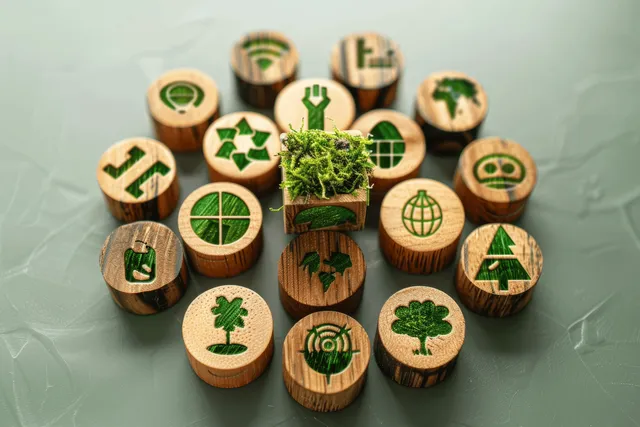Wooden blocks carved with green eco icons arranged in a circular sustainability layout on a light background.