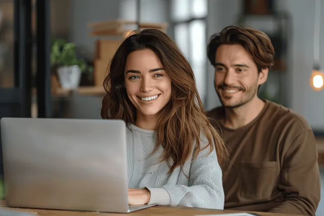Smiling businesswoman and businessman collaborate at office desks using laptops during a digital marketing meeting.