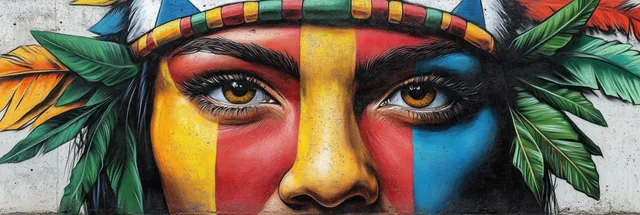 Close-up of a street mural face painted with bold vertical stripes, headband, and feathers around the eyes.