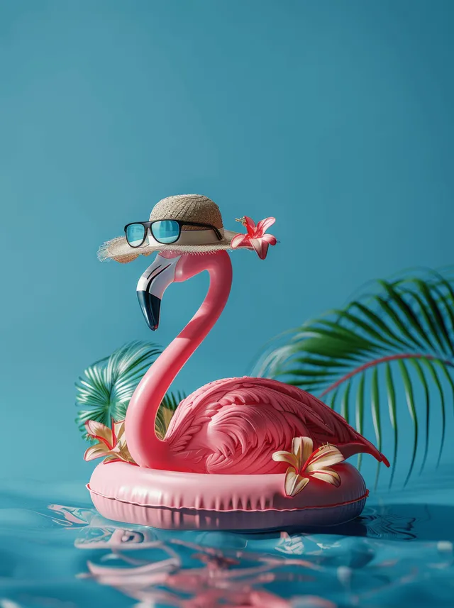 A pink flamingo wearing a hat and sunglasses floats on an inflatable tropical island on a blue background.
