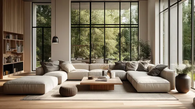 Sunlit Scandinavian living room with sectional sofa, low coffee table, and large floor-to-ceiling windows.