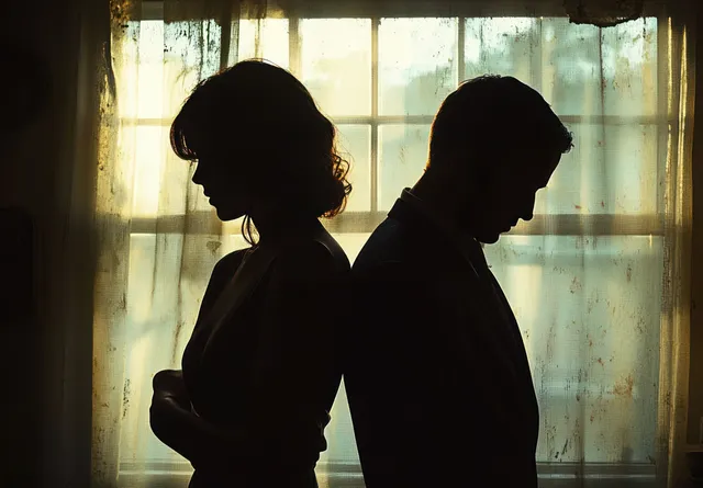 Silhouetted couple standing back to back in front of a sheer-curtained window under dim light.