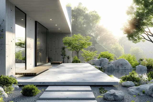 Modern 3D render showcasing a wooden terrace, blank concrete wall, and lush garden landscaping in natural light.