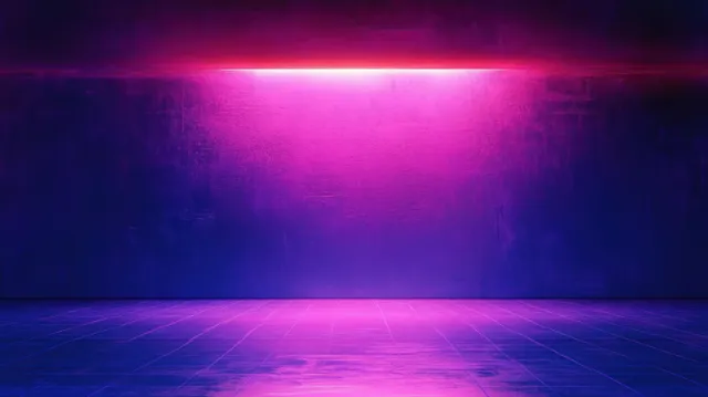 A dark empty room shows glowing horizontal neon pink and purple light reflecting across a tiled floor.