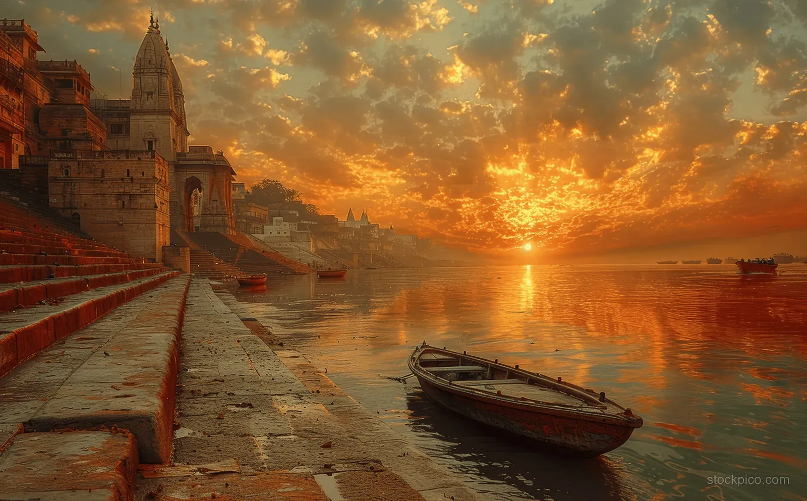 Moored boat beside stone steps at a Varanasi ghat with temple skyline and glowing sunset over the river.