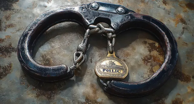 Rusted police handcuffs with a chain and lock rest on a worn metallic, grunge-textured background.