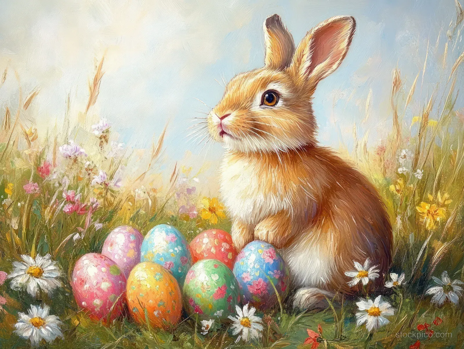 Fluffy brown rabbit sitting in a spring meadow beside painted Easter eggs and daisies under soft light.
