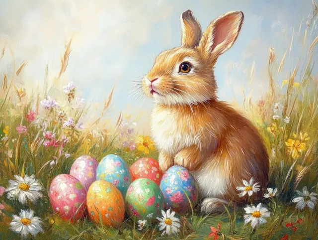 Fluffy brown rabbit nestled beside vibrant painted Easter eggs in a spring meadow