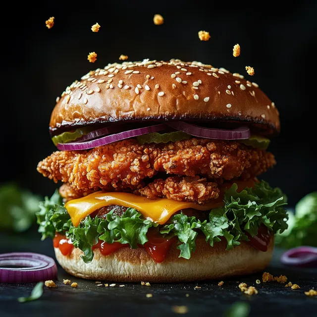 Close-up crispy fried chicken sandwich with lettuce, cheddar, onion rings, pickles, ketchup, sesame bun