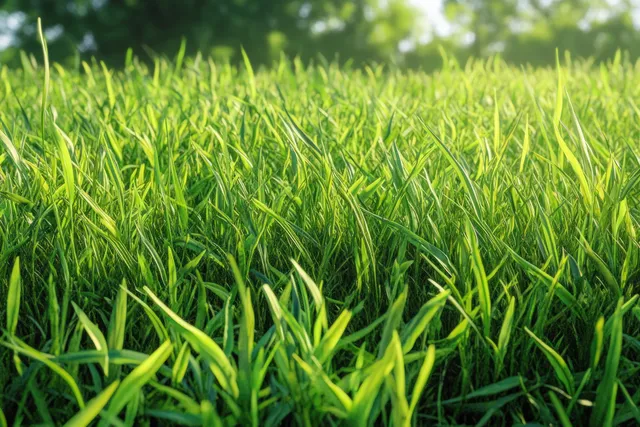 Sunlit green grass blades in the foreground with softly blurred trees in the background.