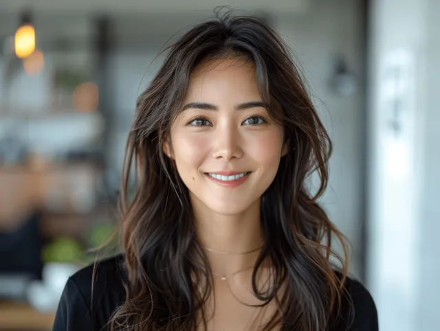 Young Asian Indian woman smiling in a closeup portrait with clean teeth and softly blurred background.