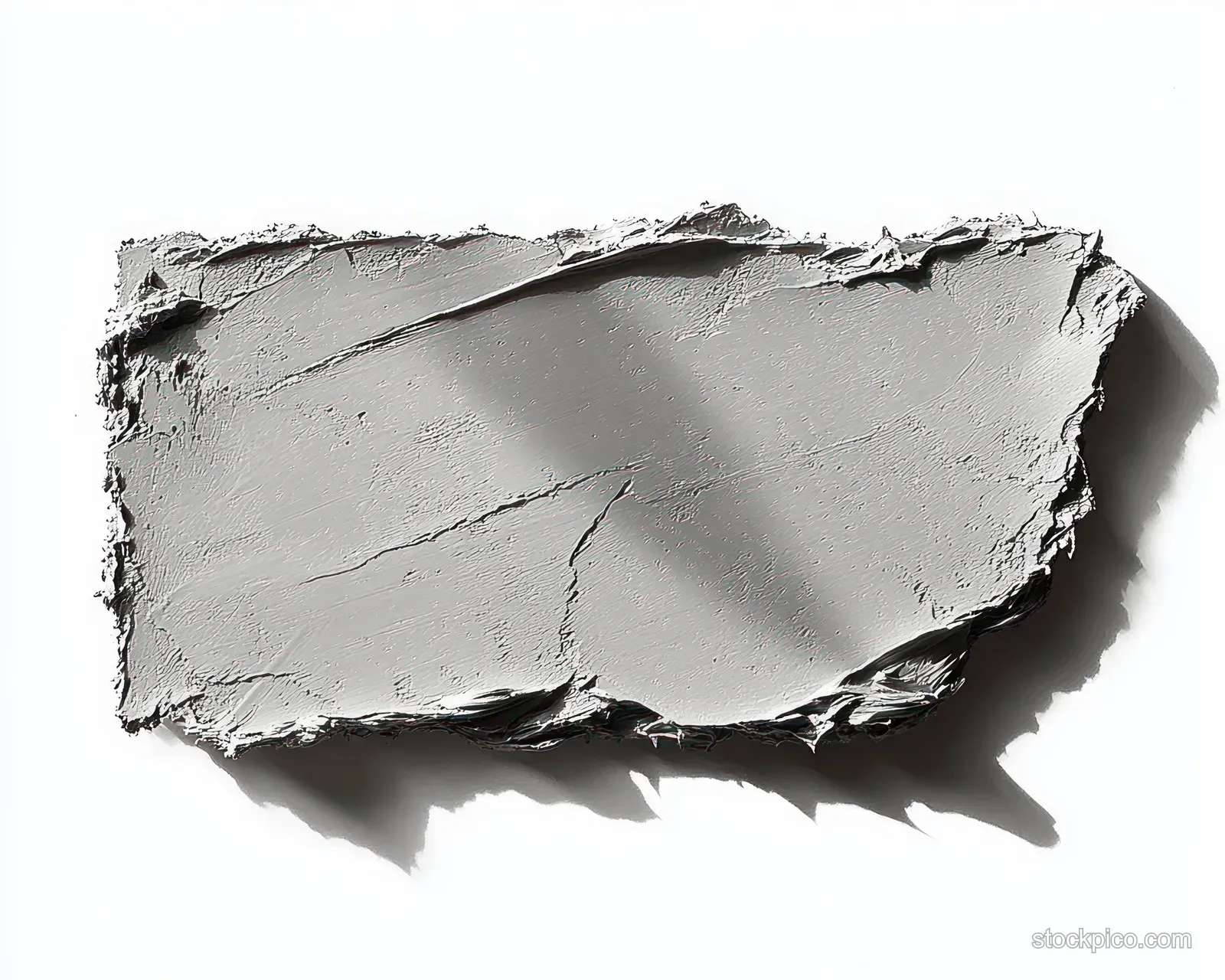 Thick light gray plaster smear with rough torn edges casting a soft shadow on a white background.