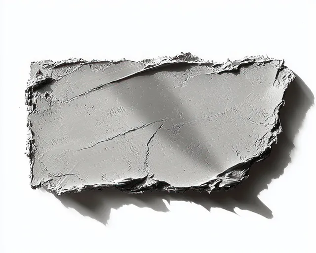 Thick light gray plaster smear with rough torn edges casting a soft shadow on a white background.
