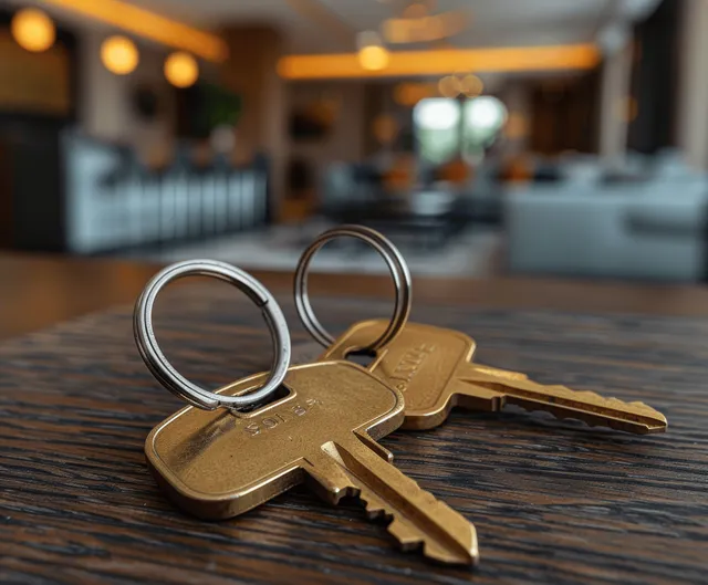 Apartment keys rest on a wooden table in a bright living room while the background interior stays softly blurred.