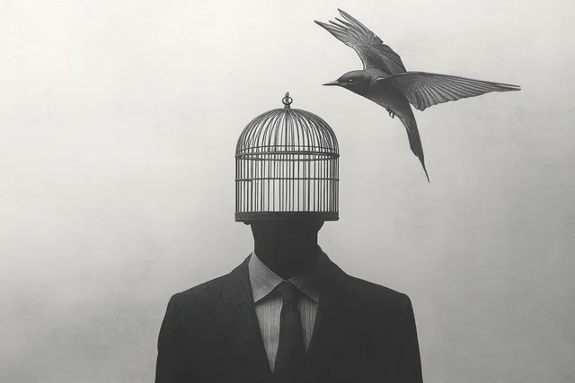 Man in a suit with a birdcage head, a bird flying past against gray sky