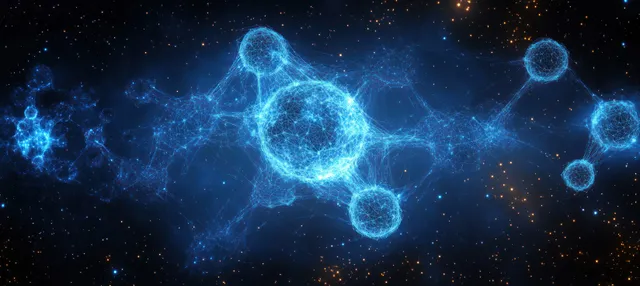 Glowing blue atoms form a connected molecular network across a starry space-like background.