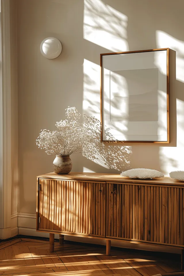 Sunlit empty picture frame on a wall above a wooden sideboard with a small potted plant in a minimalist room.