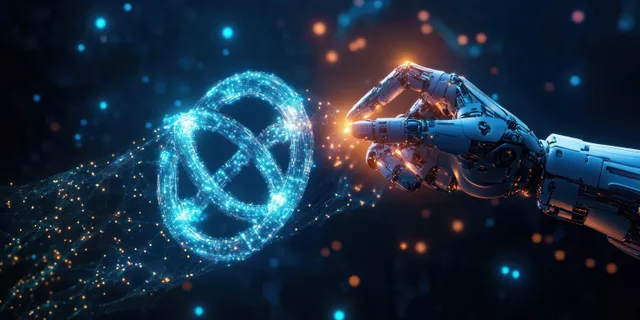 Futuristic AI robot hand sending infinite cloud data signals through glowing cyberspace