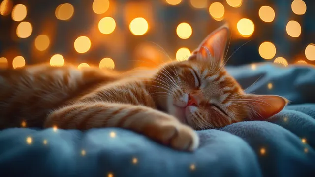 Sleeping orange tabby cat curled on a bed with warm golden window bokeh lights