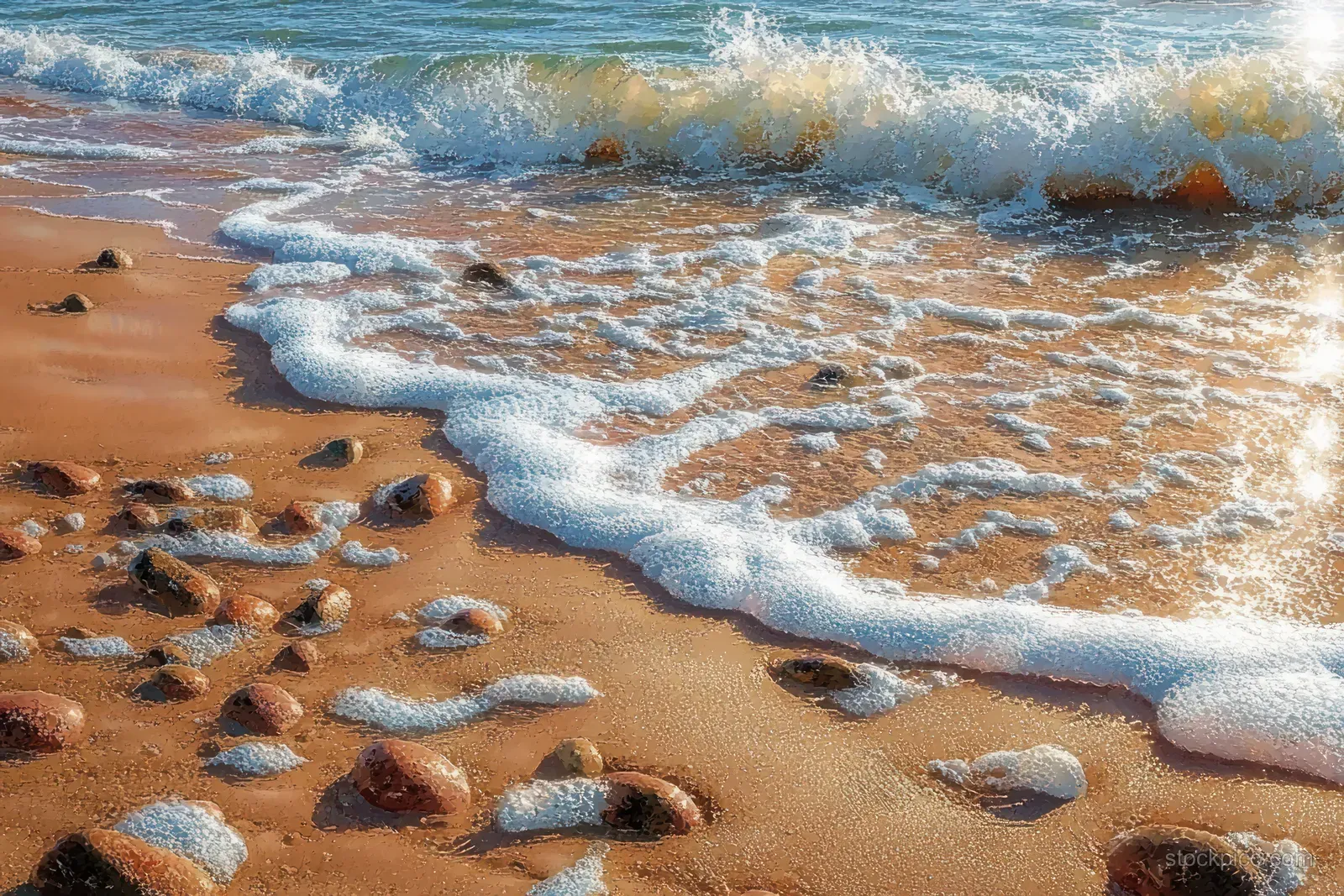 Gentle ocean waves roll onto a sandy beach, with scattered pebbles and bright sunlight reflecting on the water.